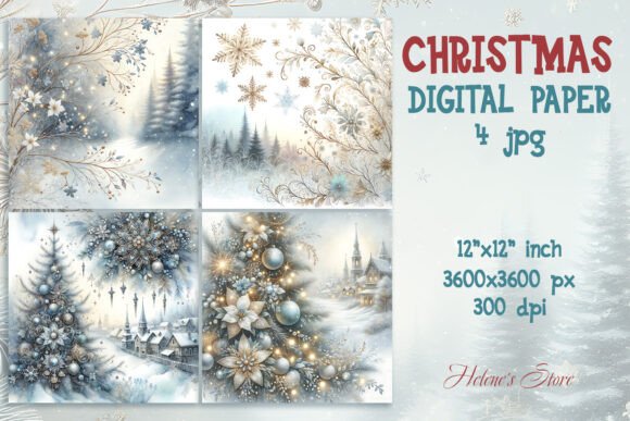 Blue Gold Retro Christmas Digital Paper & Illustrations