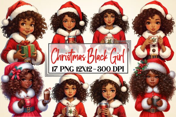 Christmas Black Girl Clipart Bundle Illustrations