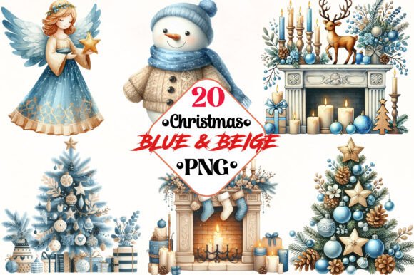 Christmas Blue Beige Clipart for Illustrations
