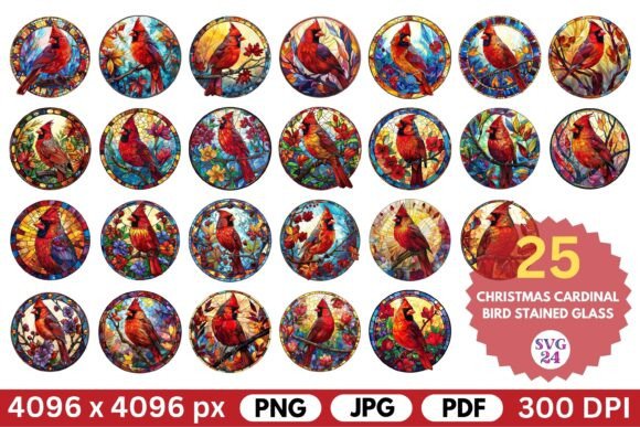 Christmas Cardinal Bird Stained Glass Illustrations