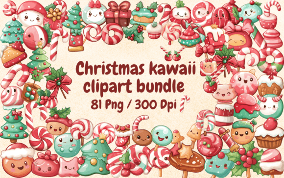 Christmas Kawaii Clipart Cute Bundle PNG & Illustrations