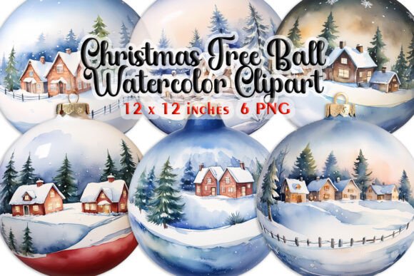 Christmas Tree Ball, Watercolor Clipart for Illustrations