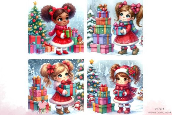 Little Girls with Christmas Presents Illustrations
