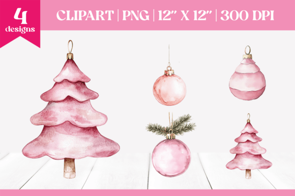 Pink Christmas Ornaments Clipart PNG Illustrations