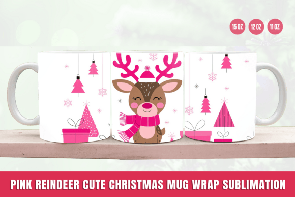 Pink Reindeer Cute Christmas Mug Wrap Illustrations