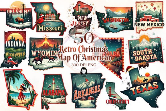 Retro Christmas US Map Illustrations Review