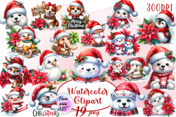 Watercolor Christmas Cute Animal Clipart Illustrations