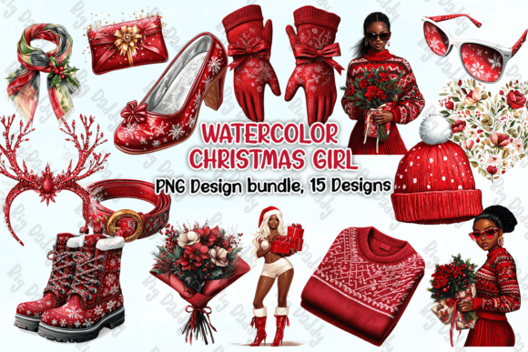 Watercolor Christmas Girl Clipart PNG Review