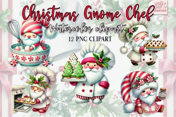 Watercolor Christmas Gnome Chef Clipart Illustrations