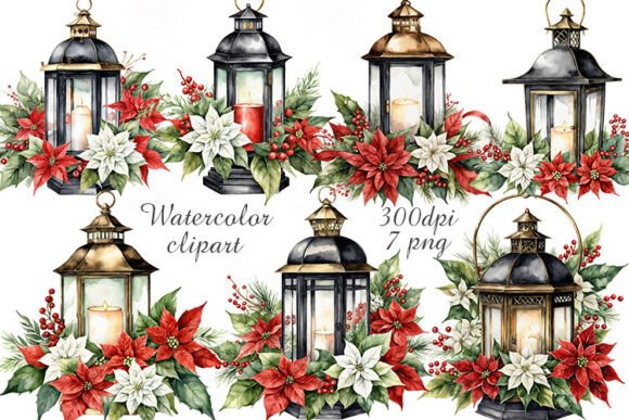 Watercolor Christmas Old Lanterns Illustrations